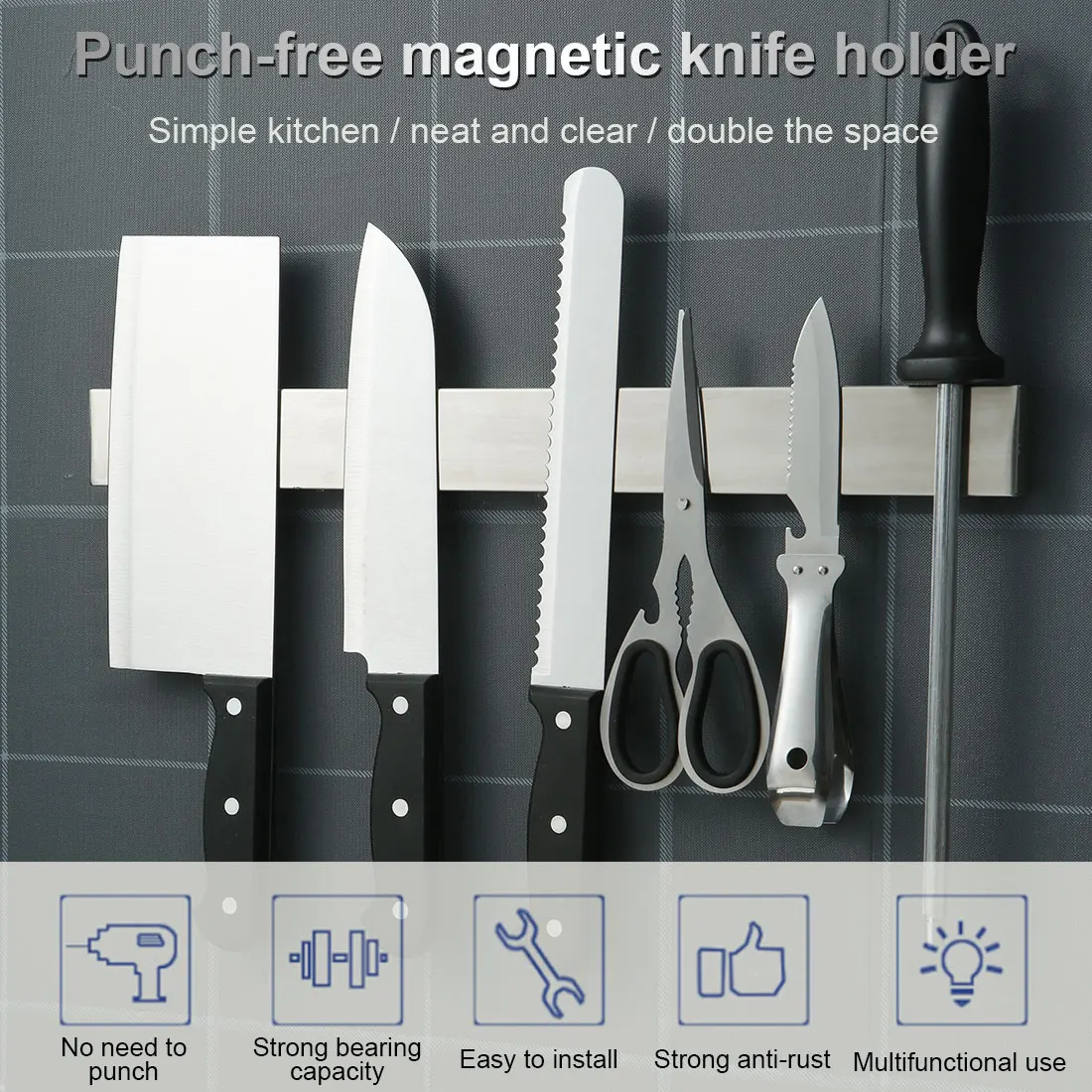 

30CM 40CM 50CM Stainless Steel Knife Stand Magnetic Knife Holder Wall Storage Rack Home for Knives Kitchen Accessories Organizer