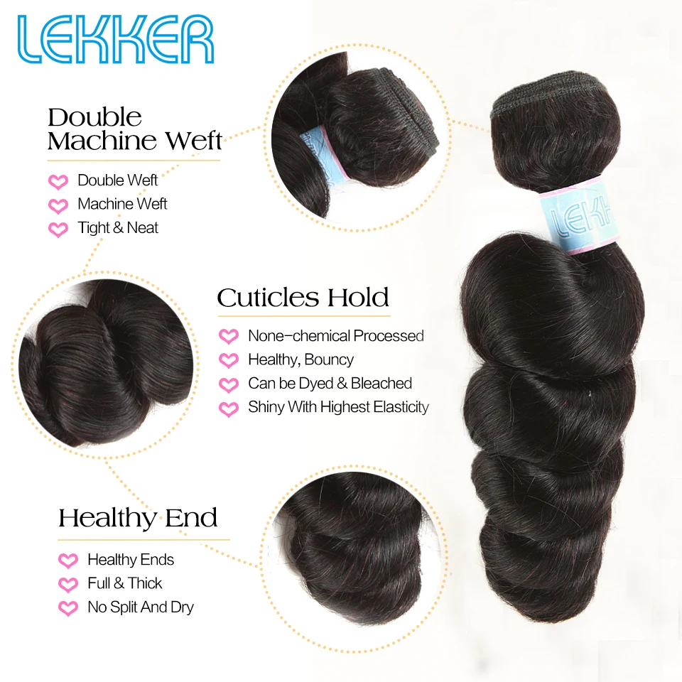 Lekker Loose Wave Bundles with Closure Brazilian Hair Weave Bundle with Closure 3 Bundles with 4*4 Lace Closure