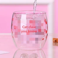 new cats paw cup with coffee cup milk mug beer mug cherry pink transparent double glass cat paw cup