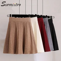 surmiitro knitted pleated mini skirts women 2021 autumn winter casual ladies elastic high waist korean a line skirt female