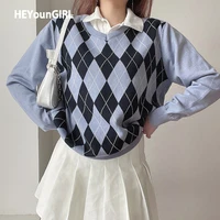 heyoungirl casual loose autumn winter knitted sweater women argyle long sleeve jumper ladies preppy style pullover knitwear
