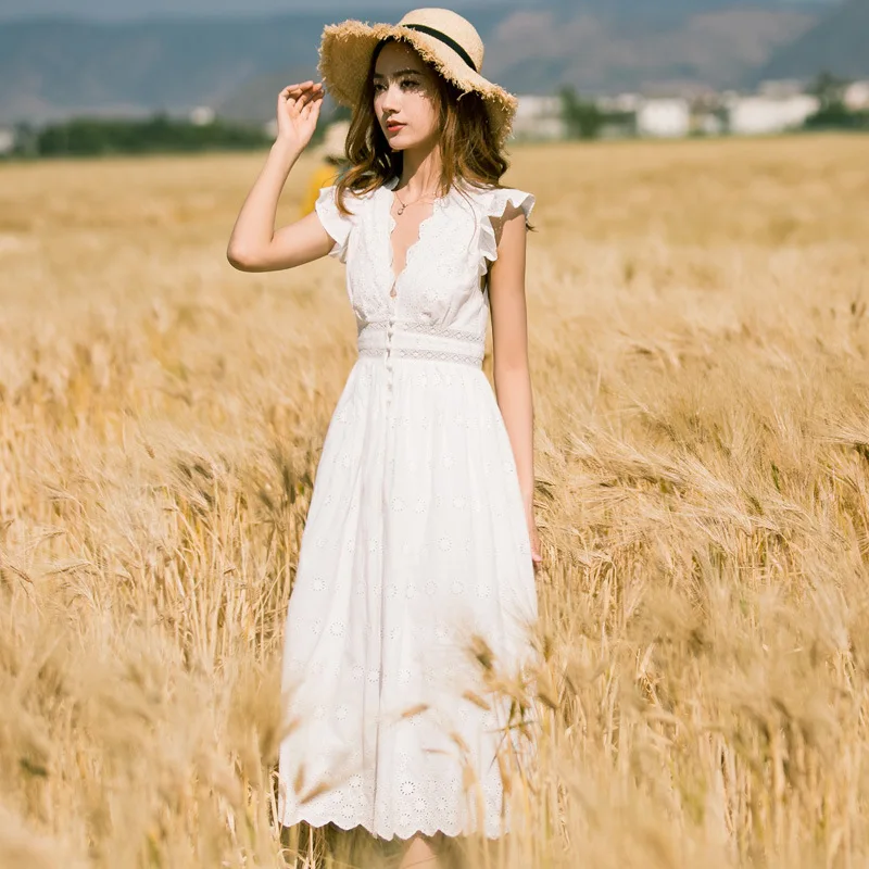 

Женское Хлопковое платье-макси с V-образным вырезом