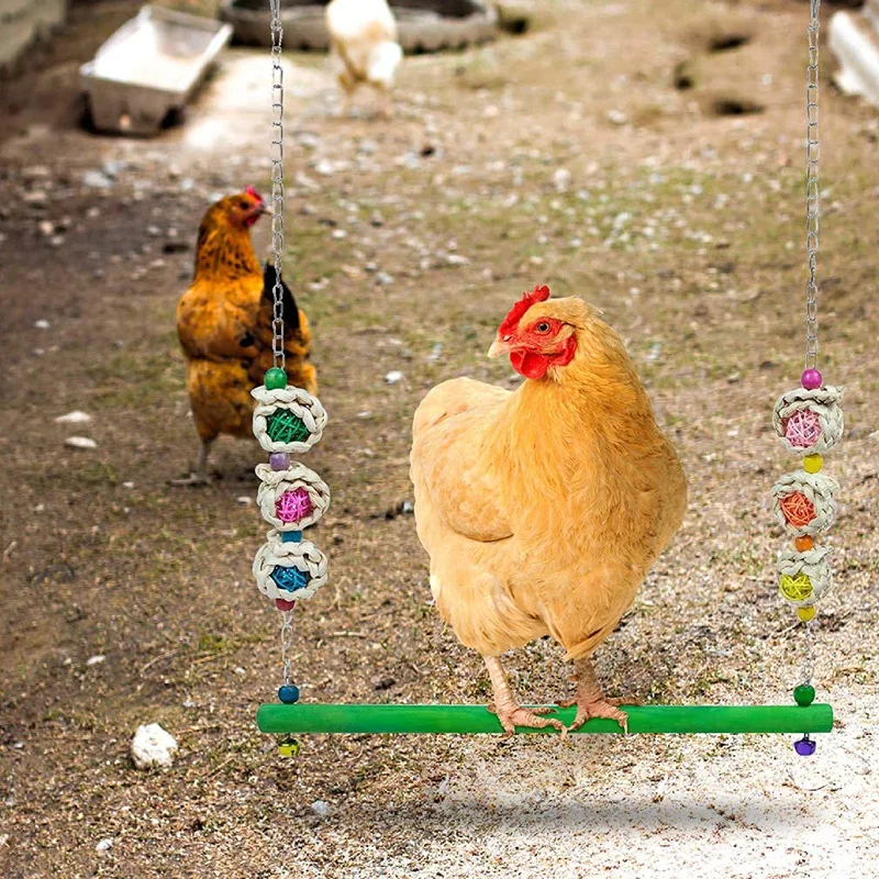 

2 Pcs of Large Parrot Pet Chicken Swing Colorful Bead Bell Swing Wooden Green Standing Stick Swing