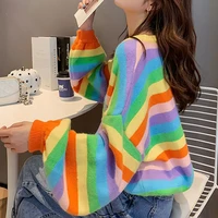 2021 new autumn and winter korean version of chic lazy wind round neck color stripes sweet age reducing pullover women wear
