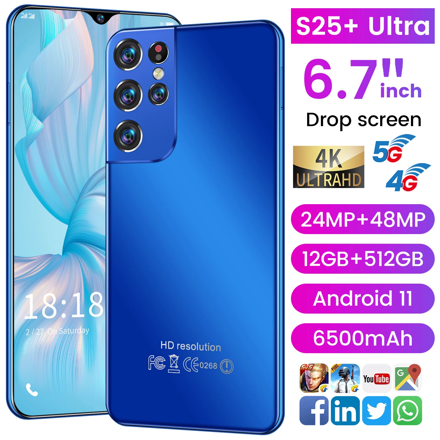 

New Global Version S25+ Ultra 6.7inch Smartphone HD+Water Drop Screen 12+512GB 24+48MP Face Unlock 4G LTE 5G Network Mobilephone