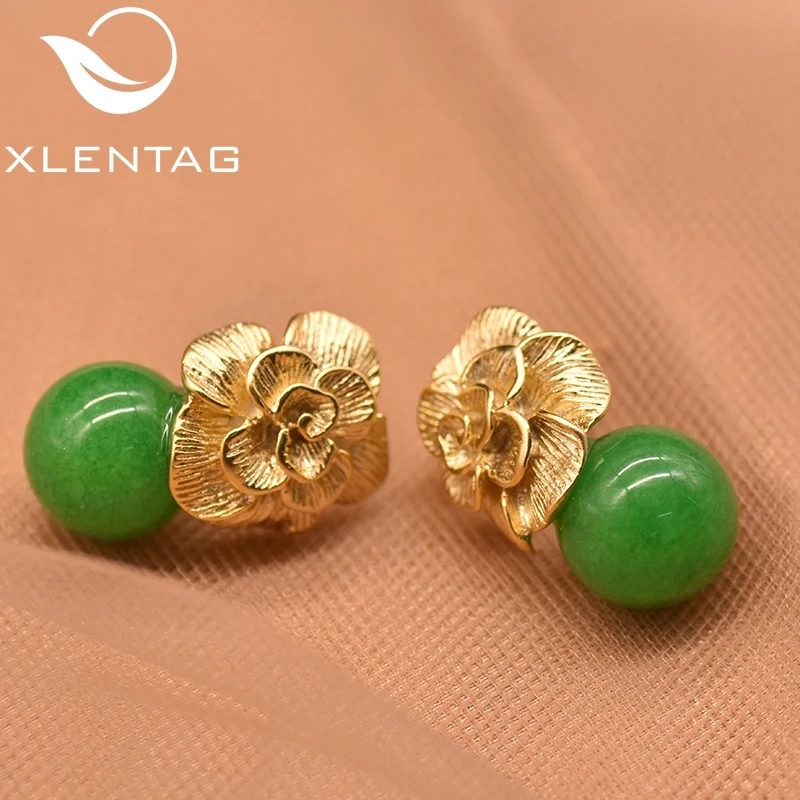 XlentAg 925 пробы серебряные серьги-гвоздики натуральный розовый круглый Кристалл Висячие серьги для женщин растительный цветок серьги для помолвки GE0336