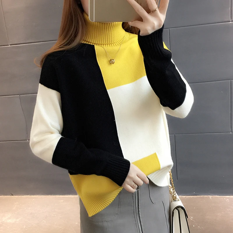 Oversized Knitted Sweater Women Red Patchwork Turtleneck Winter Jumper Korean Pullover Casual Clothes Warm Loose V644 | Женская одежда