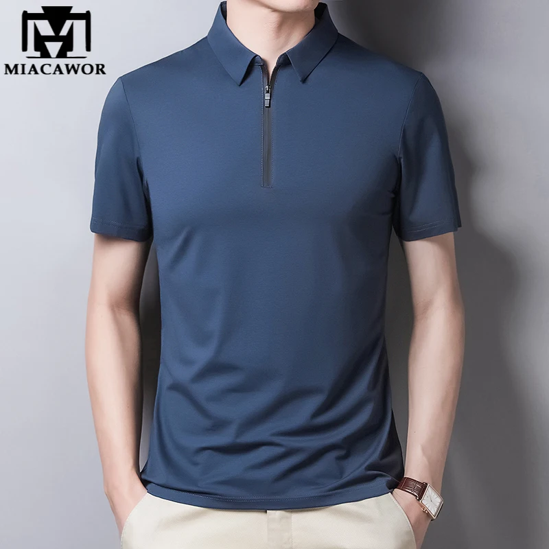 

New Classic Solid Color Polo Shirt Men Silk Cotton Summer Short Sleeve Tee Shirts Homme Slim Fit Casual Zipper Camisa Polo T1014