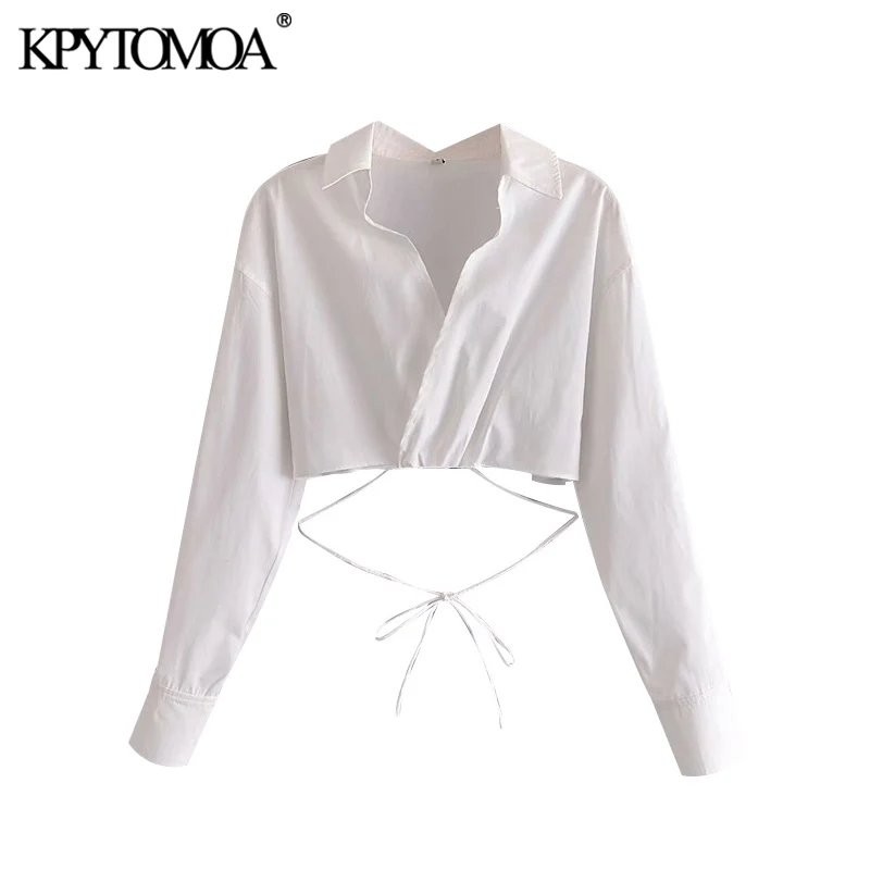 

Женские укороченные блузки KPYTOMOA, винтажные блузки с перекрестным V-образным вырезом и длинным рукавом, шикарные топы, 2021