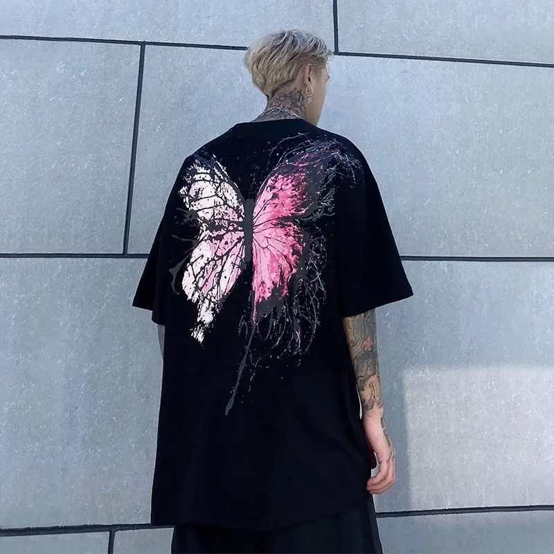 

2021summer new national trend retro all-match hip-hop street coat couple splash ink butterfly print short-sleeved T-shirt top