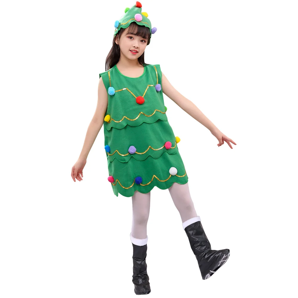 Christmas Tree Design With Colorful Balls Costume Cosplay Girl Kids Party Children Carnival Dress XMAS Gift |