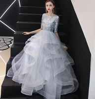 wedding banquet mesh dress grown lady sequin halfsleeve dress woman long elegant slim waist dress