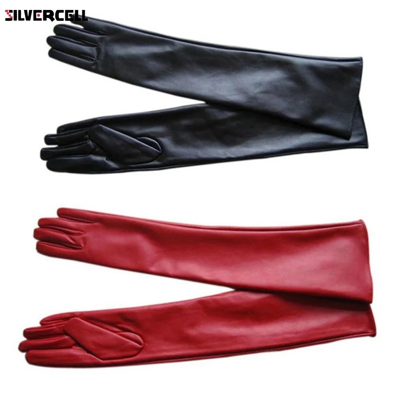 Women PU Faux Leather Elbow Gloves Winter Long Gloves Warm Lined Finger Gloves M-XL