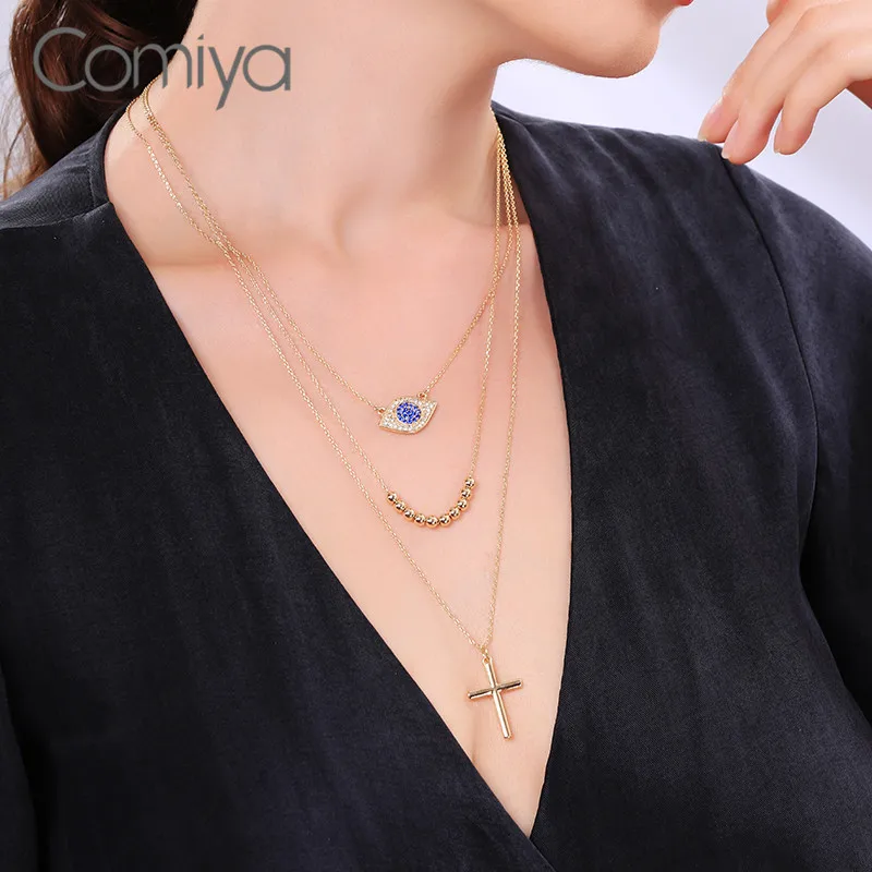 Comiya Necklace For Women Collare Gold Color Zinc Alloy Multi Layers Eye Beads Pendant Fashion Crystal Mosaic Korean Necklaces | Украшения