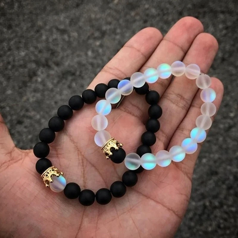 

2/Piece Set Trendy Luxury Crown Set Bracelet Black Frosted Flash Stone Charm Men's Couple Birthday Gift