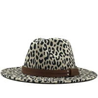 unisex flat brim wool felt women jazz fedora hats men leopard grain leather band decor trilby panama formal hats 56 58cm