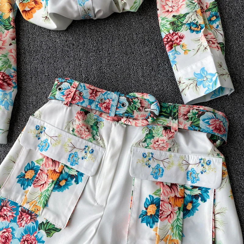 

Bohemian Flower Printed Two Piece Set Women Spring Autumn Boho Chic Turn-Down Collar Single Breasted Blouse + Wide Leg Short New
