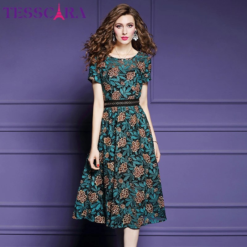 TESSCARA Women Summer Elegant Lace Dress Female Office Party Robe Femme Floral Designer High Quality Fashion A-Line Vestidos
