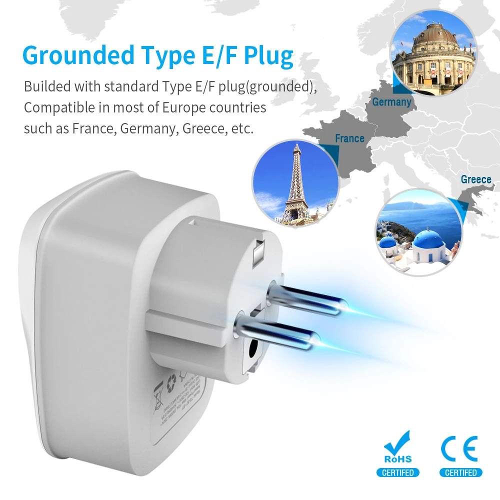 

TESSAN 3 in 1 Mini Europe Power Adapter with E/F EU Plug and 2 USB Ports 5V/2.4A Portable Power Strip Socket for Home/Travel
