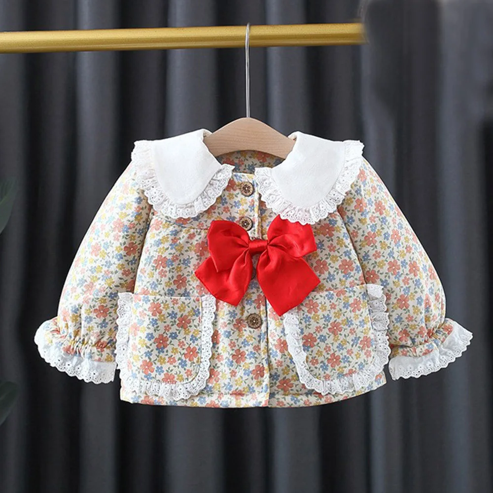 

Children Outwear Girls Jacket Winter 2022 Plus Velvet Thicken Warm Bow Princess New Year Toddler Coats Boutique Kids Clothing