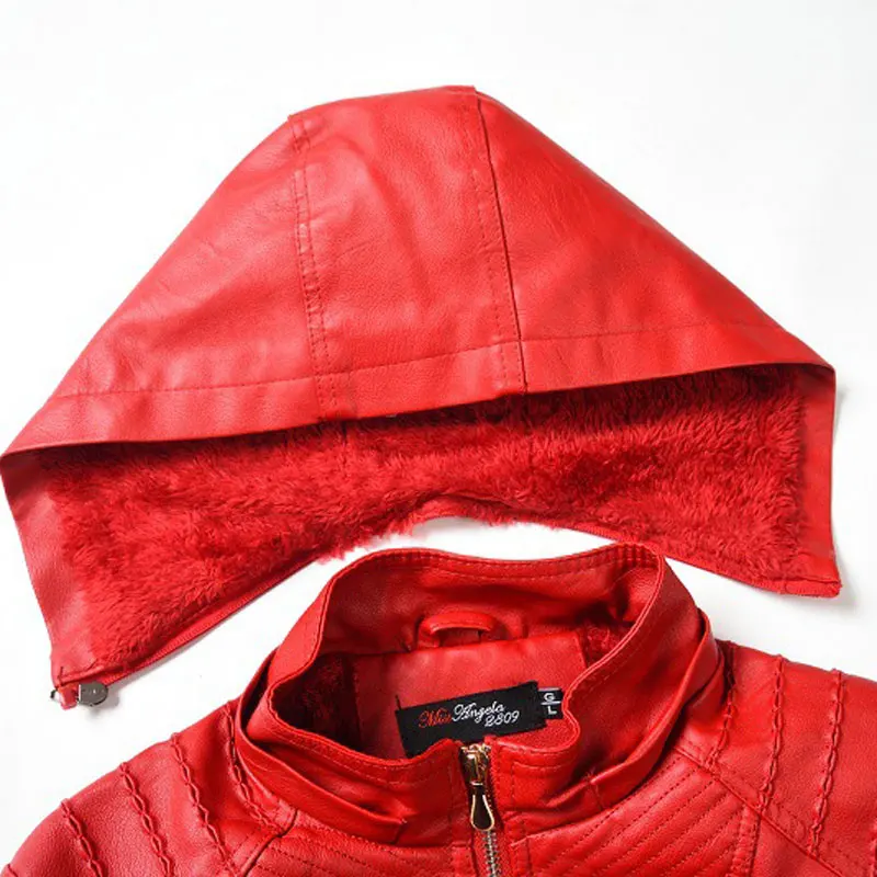 Осень г. Тонкий пояс мотоциклетная куртка Chaqueta Mujer со съемным капюшоном из искусственной кожи женские зимние теплые флокированные верхняя одежда WWP224