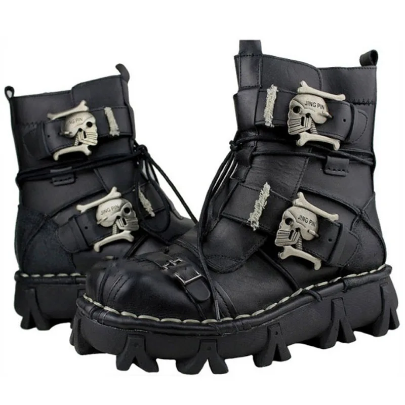 Мужские военные ботинки из натуральной кожи на шнуровке с черепом; байкерские ботинки; 9#15/15D50