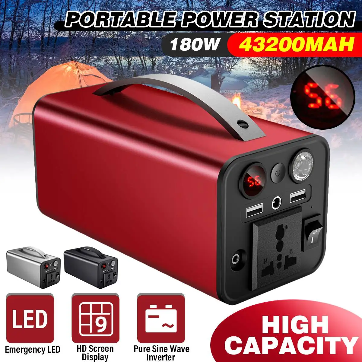 

220V 180W Portable Solar Power Station 160Wh/43200mAh Backup Lithium Battery Sine Wave AC Outlet Emergency Energy Camping