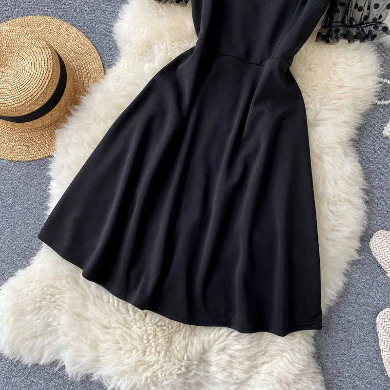 

French retro women black dress party square collar puff sleeve mesh patchwork dress hepurn style 2020 new vestidos robe