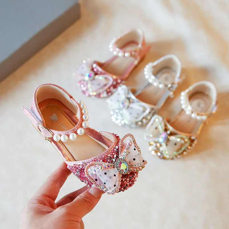 

New Spring/Summer Children Rhinestones Baotou PU Leather Princess Girls Dance Shoes Performance Baby Student Kids Flats 03A
