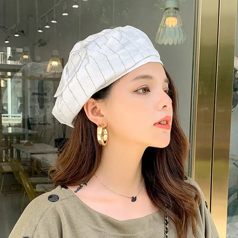 RUHAO Cotton Beret Hat Women Winter Elegant Plaid Stripes Fashion Autumn For Flat Cap Felt Berets | Аксессуары для одежды