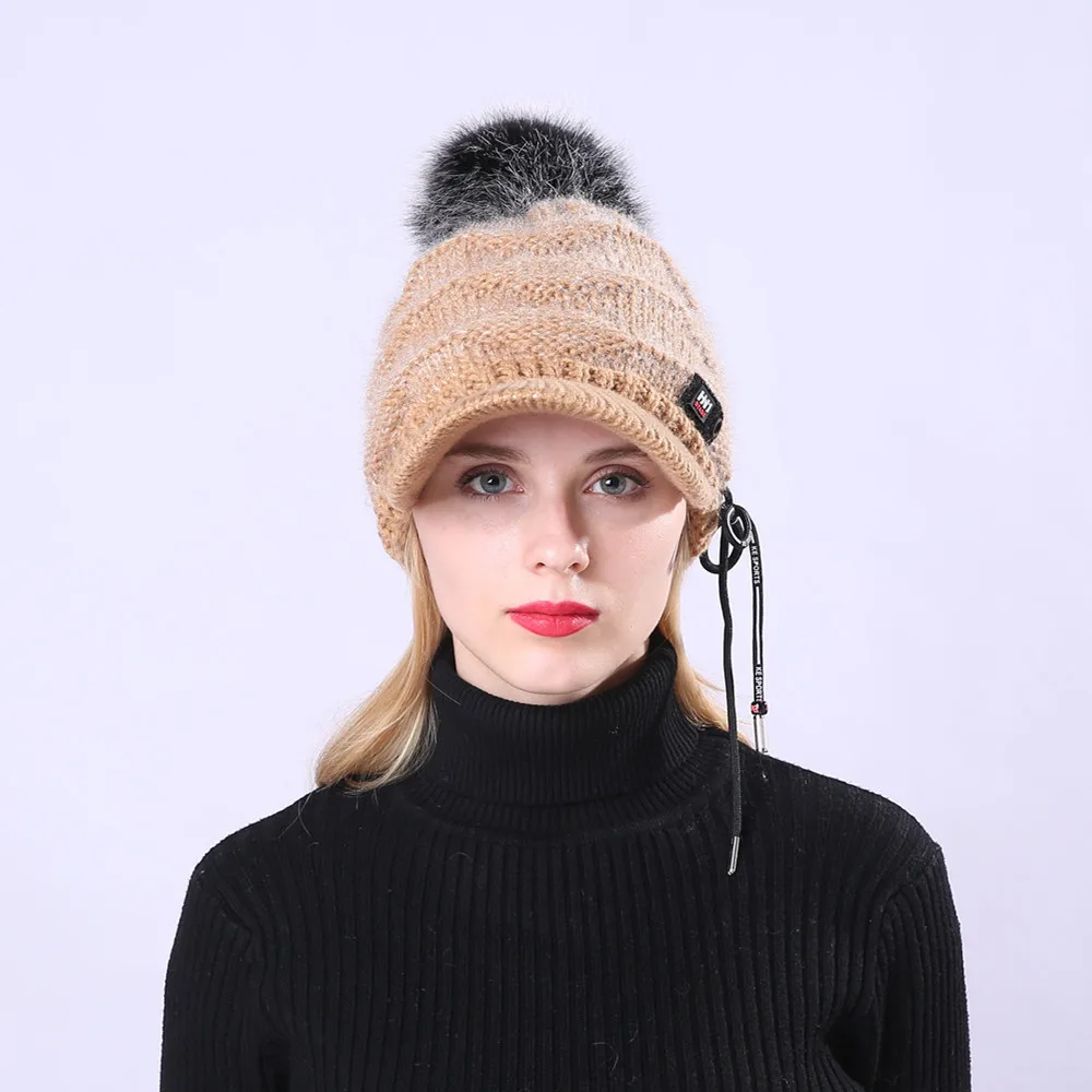 Модная шапка с помпонами для женщин, женские шапки Skullies, теплая меховая женская шапка, зимняя шапка, Брендовая женская шапка