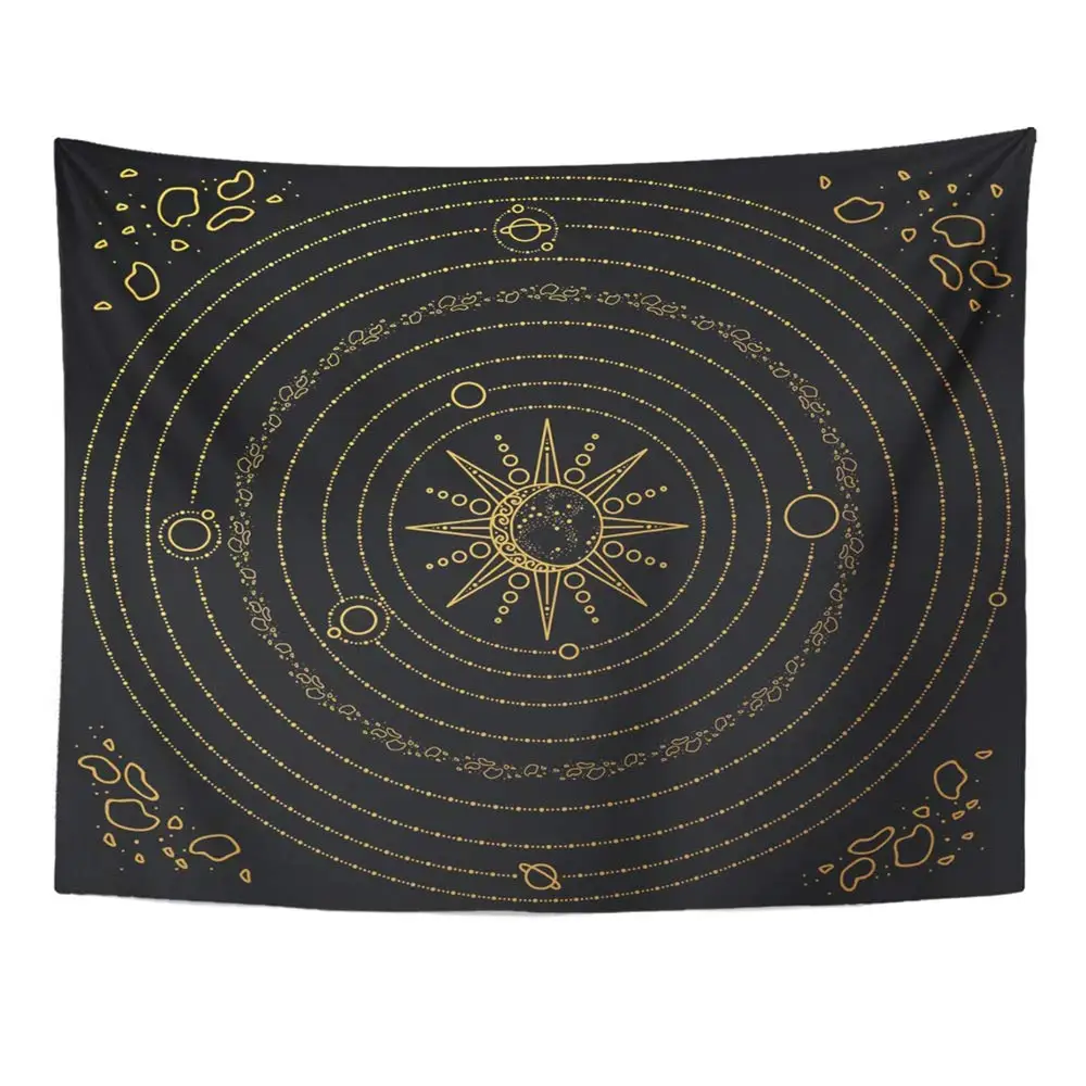 Астрологическая солнечная система Mandala 60x80 дюймов, модель пространства с солнцем, планетами, звездами, астероидами, черно-золотой декор, настенная подвеска