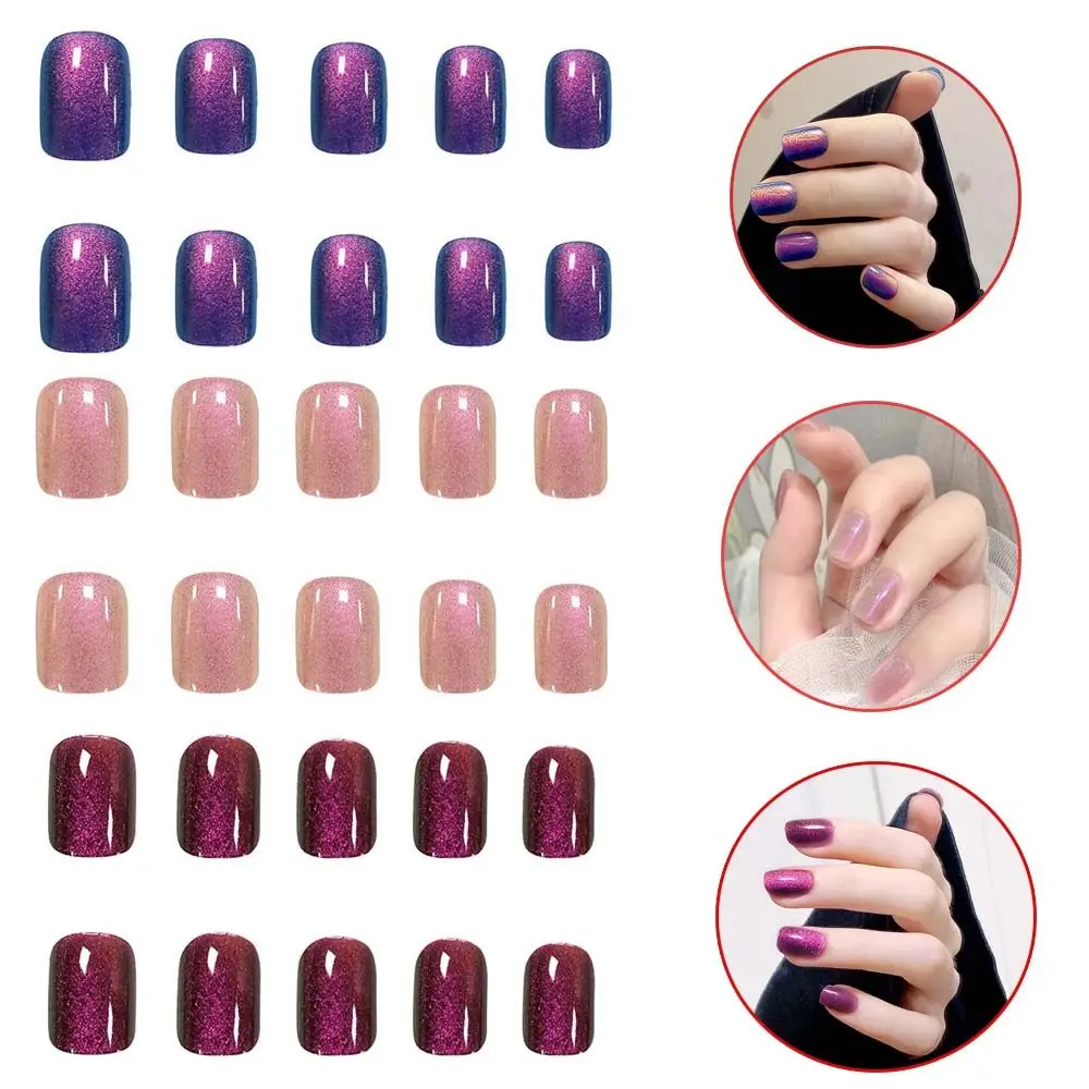 

24PCS Fake Nails With Glue Full Cover Fake Press On Nails Crystal Aurora Cat Eye Nail Acrylic For Nails