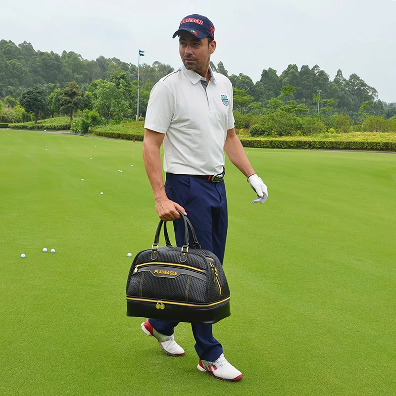 PLAYEAGLE Golf Boston Bag New Waterproof PU Leather 3D Black Brown Large Capacity Travel Laundry Clothing Bag with Shoes Space