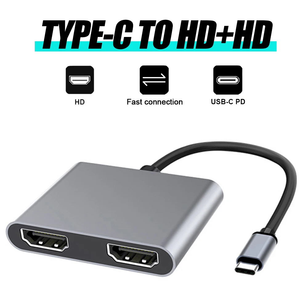 

Type C HUB 2 in 1 Adapter UHD 4K USB C to Dual HDMI-Compatible Converter Type C to HDMI-Compatible Adapter for MacBook