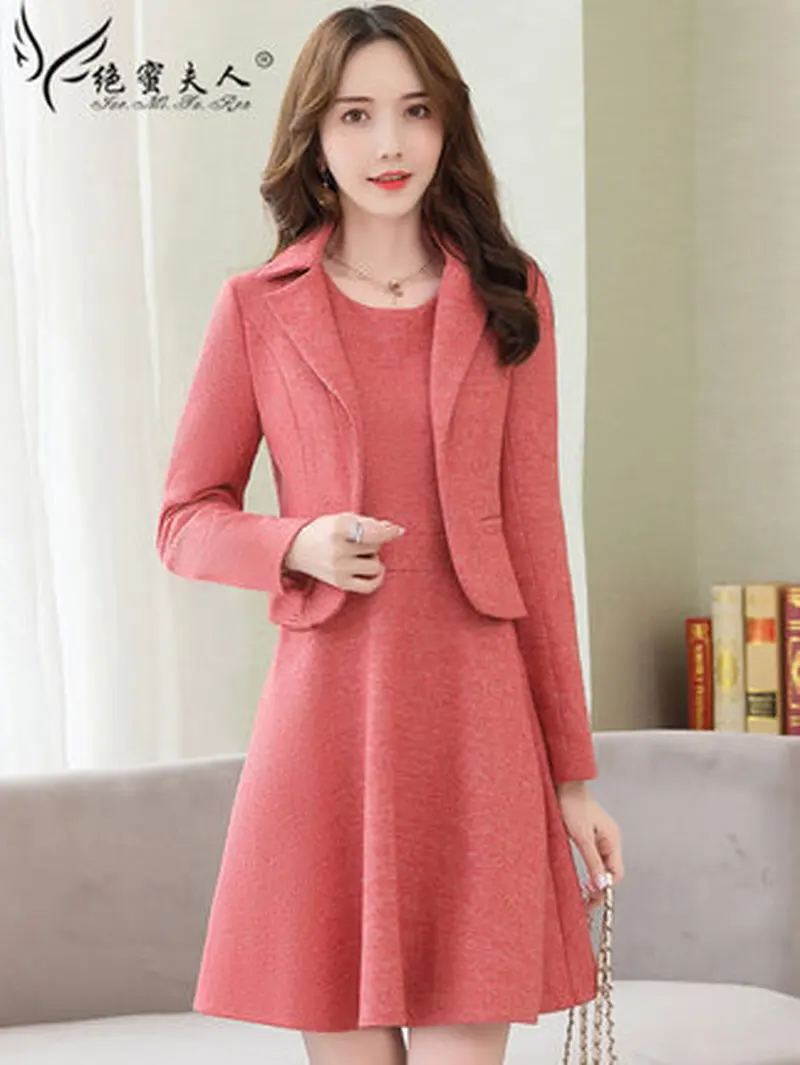Женское модное шерстяное платье из двух предметов Осень зима 2019| |