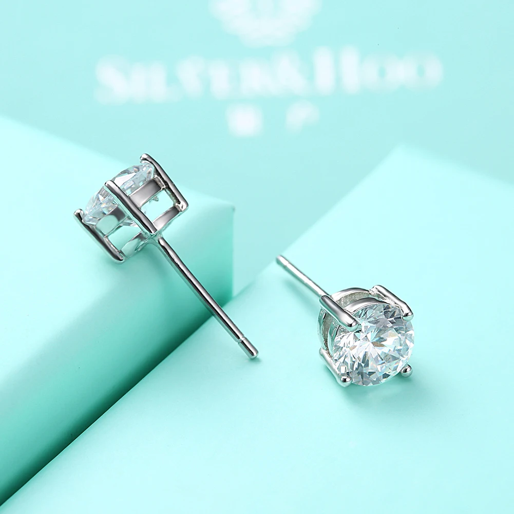 

SILVERHOO 925 Sterling Silver Earrings Round 5A Cubic Zirconia CZ Simple Stud Earring Women Fine Jewelry Hot Selling Party Gift