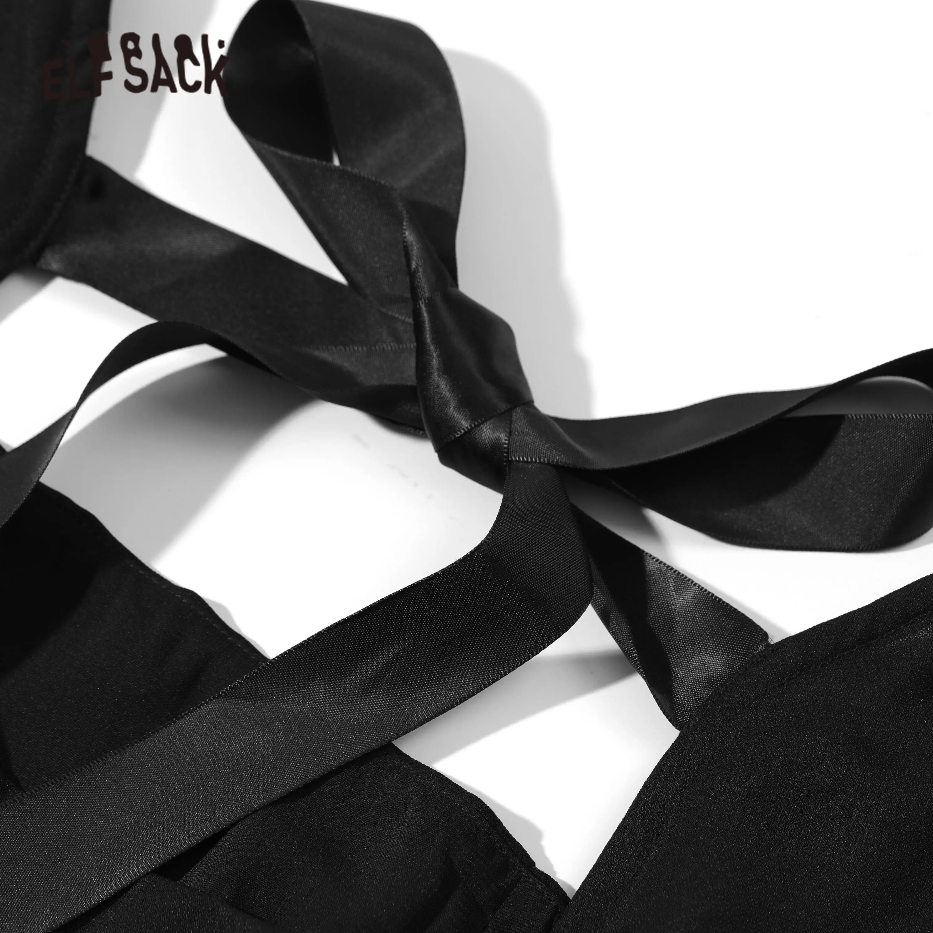 Женское шифоновое платье ELFSACK черное винтажное в горошек с открытой спиной на