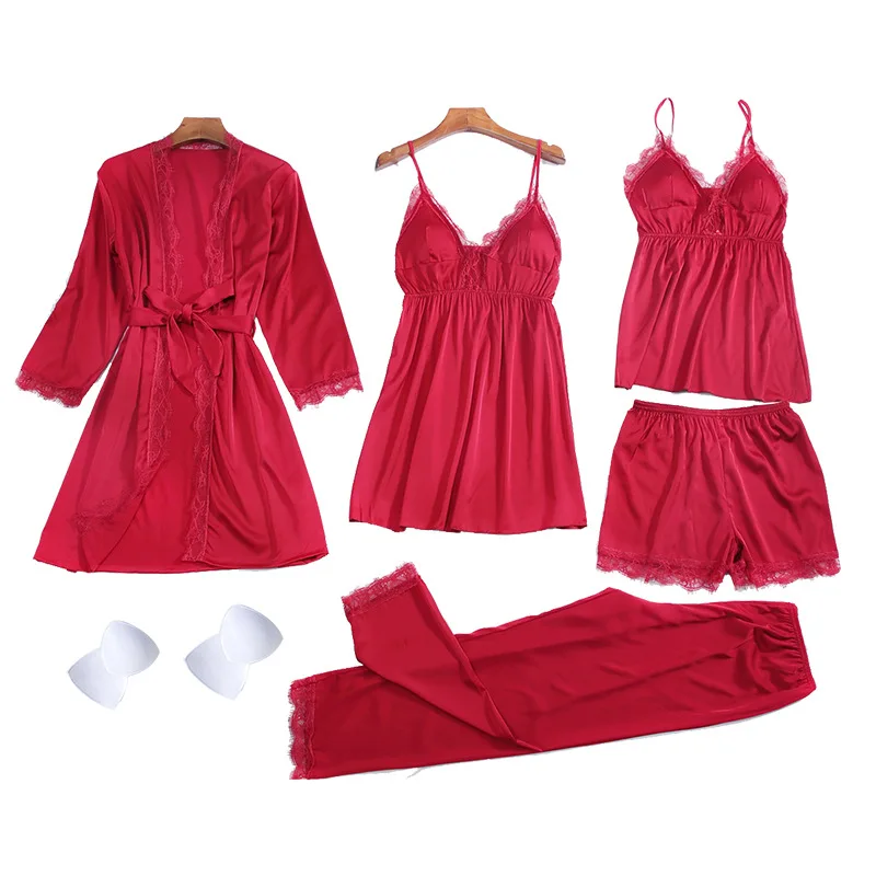 

Sexy Women Pajamas 5 Pieces Sets Satin Sleepwear Pijama Silk Home Wear Summer Sleep Lounge Pyjama with Chest Pads