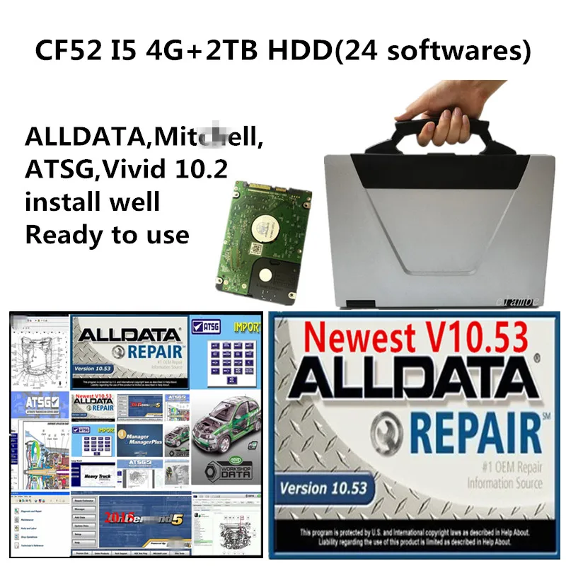 Программное обеспечение для ремонта автомобилей Alldata v10.53 mitch .. ll ATSG, яркое программное обеспечение на жестком диске 2021 дюйма, хорошо установленное в ноутбуке alldata cf52, 4 Гб, 2 ТБ