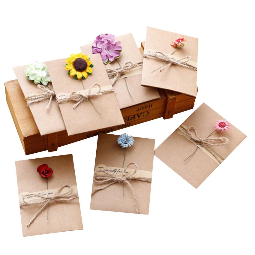 

3pack/lot Vintage Kraft Paper Dried Flower Greeting Paper Card With Envelope Gift Message Invitation Wedding Party Stationery