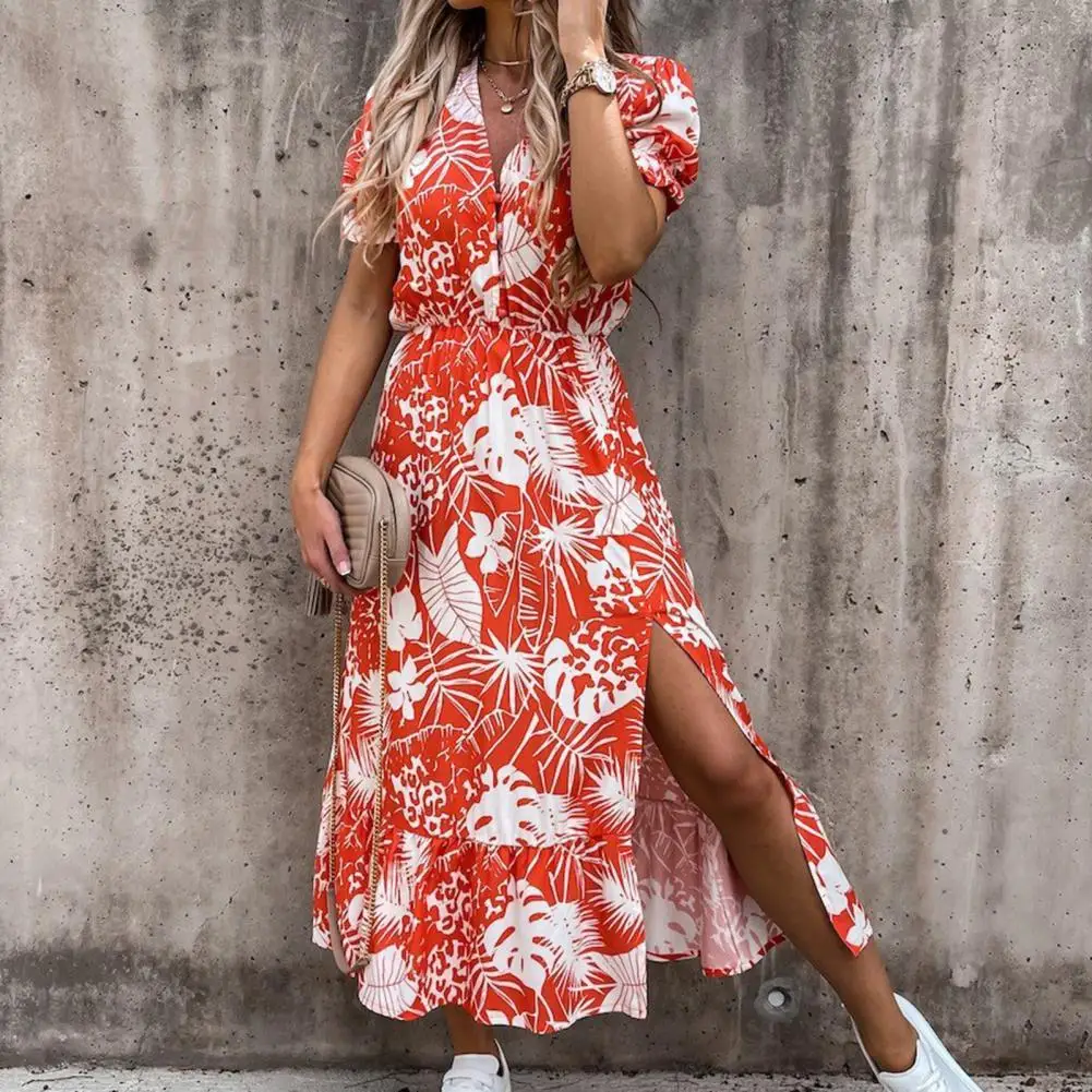 

Women Floral Print High Split V-neck Button Puff Short Sleeve Maxi Dress Streetwear Summer Sexy Party Dress Robe Femme Vestidos