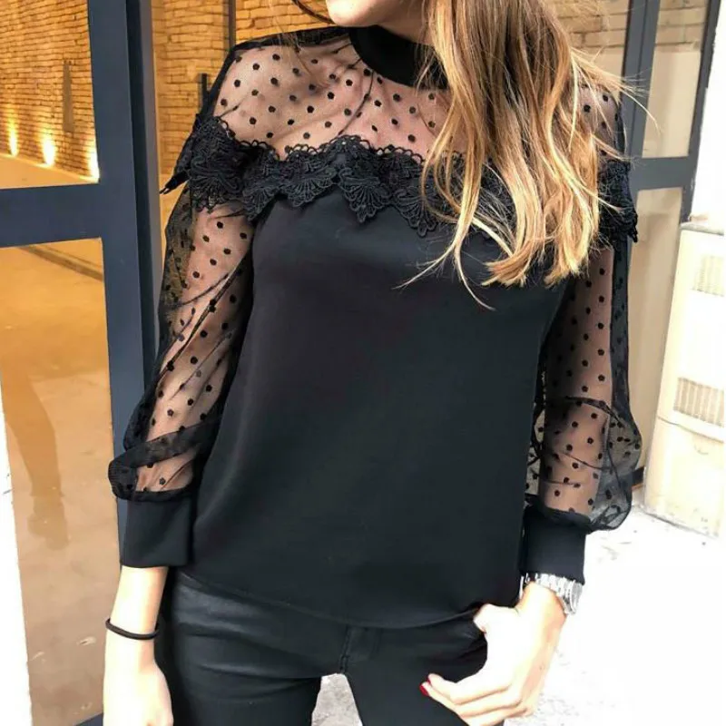 Женская блузка с длинным рукавом Черная кружевная сетчатая высоким воротом топы