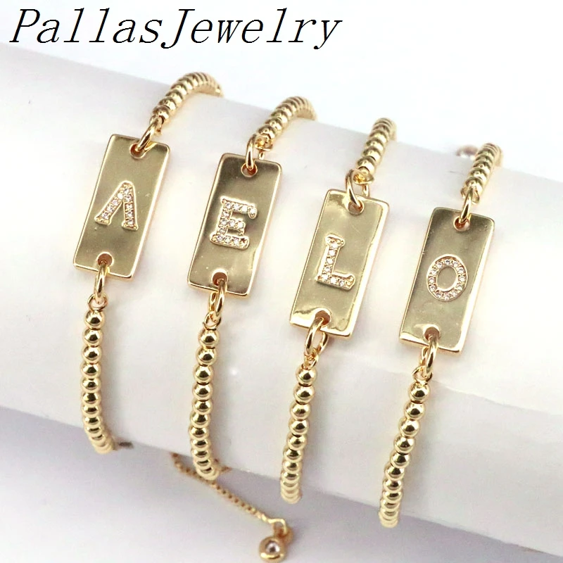 

5Pcs Fashion Micro Pave CZ Gold Color Letter Bracelet Beaded Chain Rectangle Bar Bracelet For Women Femme Fashion Jewelry