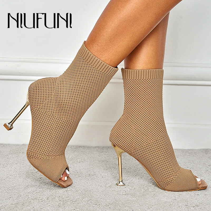 

NIUFUNI 2022 Fashion Women Boots Pointed Knitting Elastic Ankle Boots High Heels Shoes Botas Autumn Winter Female Socks Boots
