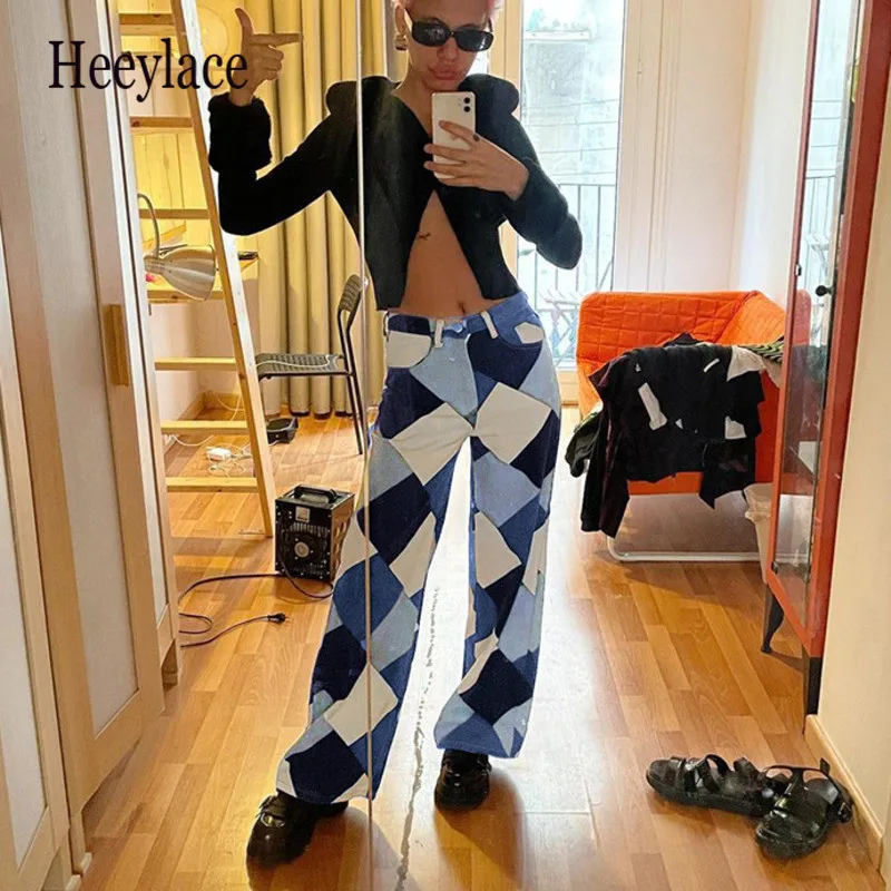 

Y2K Blue Women's Fashion jeans E Girl High Waist Plaid Wide Leg Pants Streetwear Patchwork Checked Trousers For Female