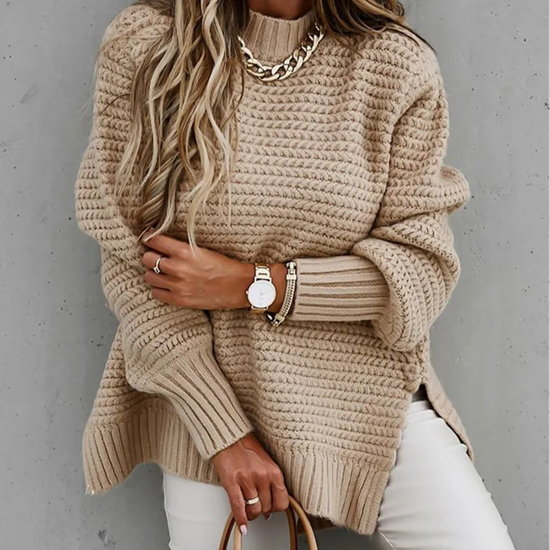 

Knitted Turtleneck Women's Sweater Loose Side Split Solid Long Lantern Sleeve Female Sweaters 2021 New Fashion Ladies Pullove