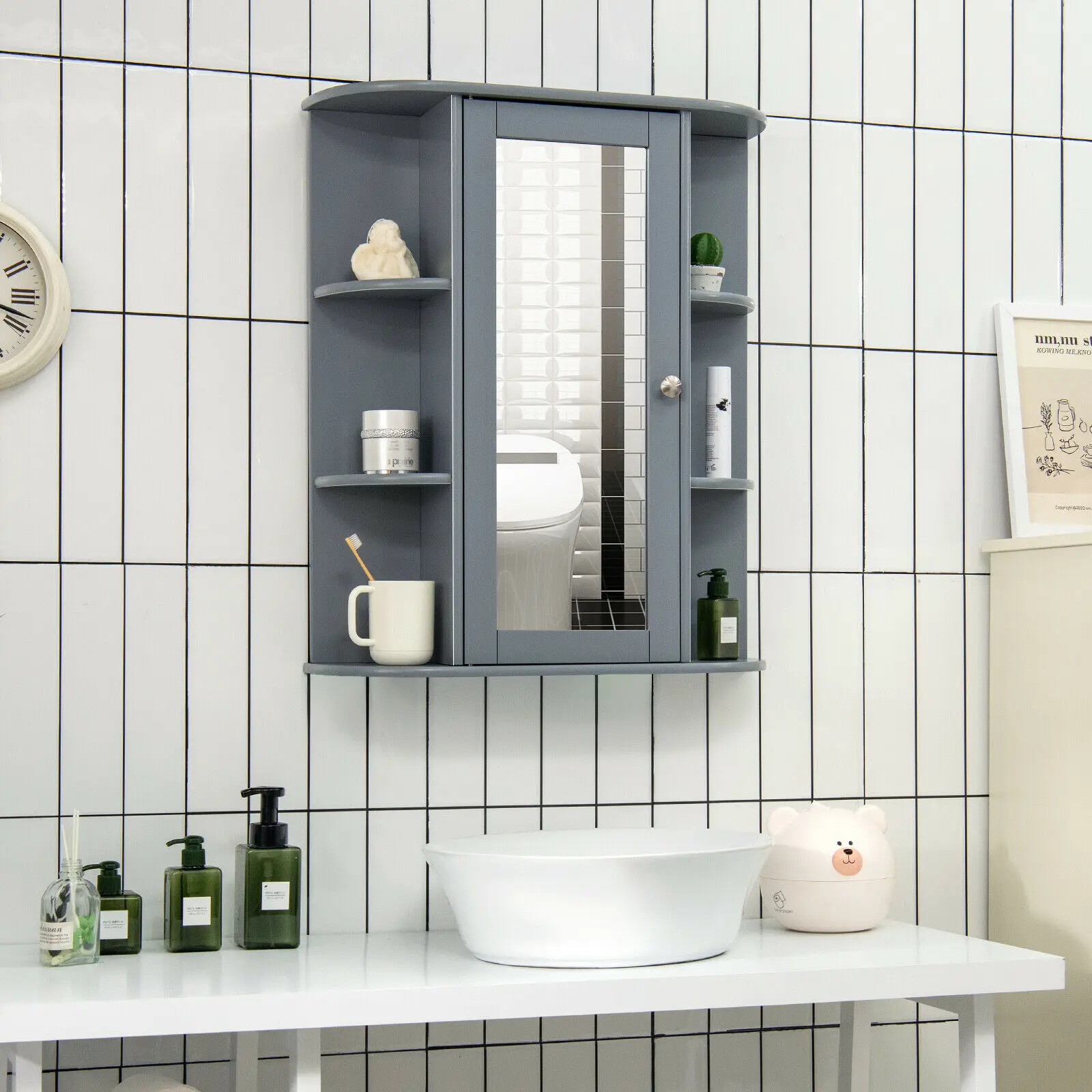 Grey Wall-Mounted Bathroom Cabinet with Mirror 3