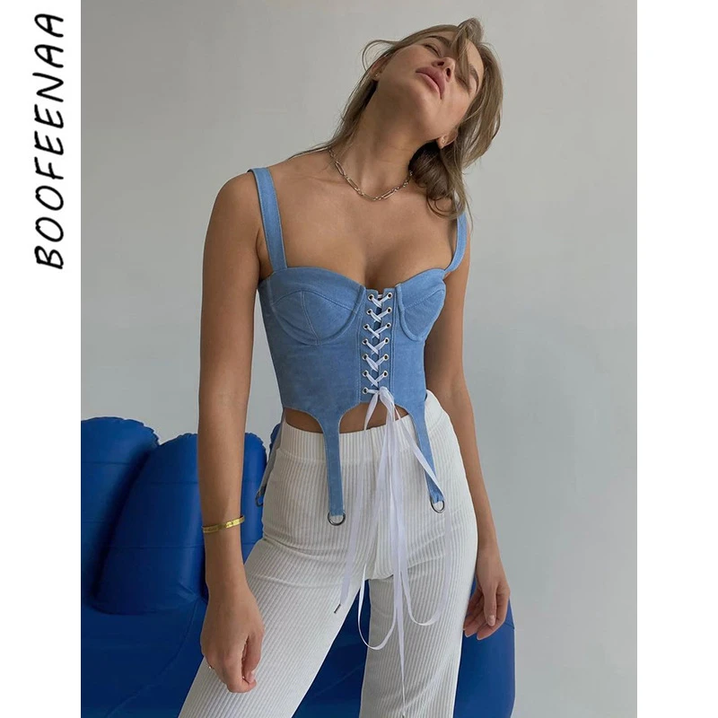 

Модный Корсет BOOFEENAA, бюстье с квадратным вырезом, открытой спиной, на шнуровке, укороченные топы, лето 2022, винтажная Сексуальная майка, Топ