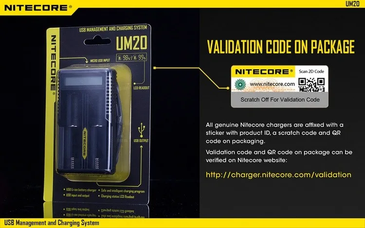 Nitecore UM20 умное зарядное устройство ЖК-дисплей зарядное устройство Универсальный зарядное устройство Nitecore с usb-кабелями 18650 16340 14500